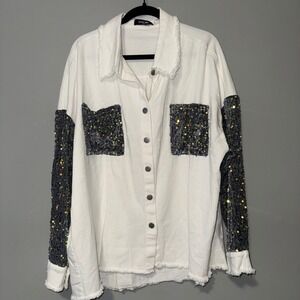 ChicMe‎ Womens XXL White Denim Sequin Sleeve Shacket Frayed Hem Button Up Jacket